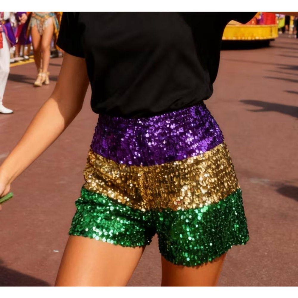 Mardi Gras Purple, Green and Gold Color Block Sequins Stretch Shorts